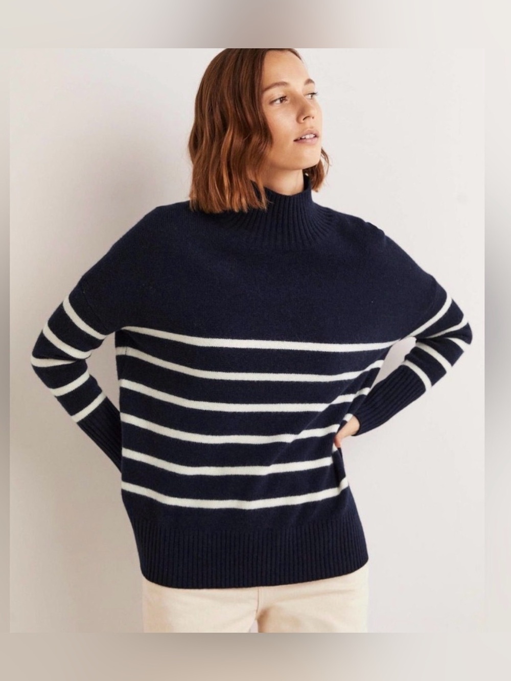 Boden Merino Wool Navy Oversized High Neck Striped Jumper Sweater Size 8